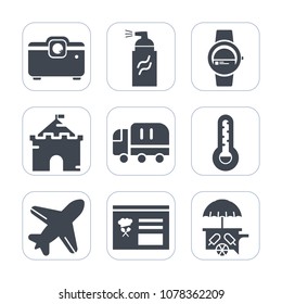 Premium fill icons set on white background . Such as flight, projector, airplane, architecture, food, screen, art, wallpaper, tower, temperature, building, medieval, aircraft, thermometer, sign, plane