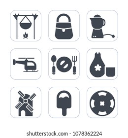 Premium fill icons set on white background . Such as accessory, poker, money, spoon, warm, casino, helicopter, icecream, mill, fire, fashion, flight, beverage, power, camp, teapot, smoke, food, plate