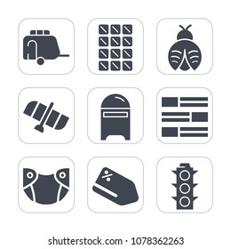 Premium fill icons set on white background . Such as envelope, infant, train, mailbox, bar, travel, orbit, butterfly, care, van, tag, newborn, fly, sweet, car, diaper, baby, dessert, station, sale