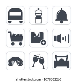 Premium fill icons set on white background . Such as volume, cotton, binocular, housework, casual, call, transport, passenger, t-shirt, commerce, model, bus, cleaner, road, shirt, buy, wine, vehicle