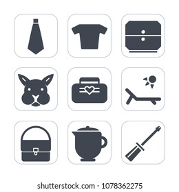 Premium fill icons set on white background . Such as equipment, animal, bunny, construction, bag, drink, fashion, rabbit, teapot, clothing, hot, drawer, breakfast, suit, cute, graphic, tea, necktie