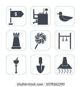 Premium fill icons set on white background . Such as desk, king, piece, location, kitchen, nature, notebook, lollipop, shovel, candy, office, banking, food, strategy, black, athlete, bird, cooking