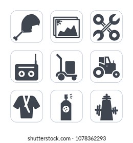 Premium fill icons set on white background . Such as photo, white, spray, music, bathrobe, poultry, paper, renovation, warehouse, sound, field, picture, reparation, paint, agricultural, animal, meat