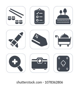 Premium fill icons set on white background . Such as chocolate, cookie, check, discount, play, poker, bakery, fork, salmon, sushi, label, food, gift, coupon, sign, cupcake, muffin, dessert, spaceship