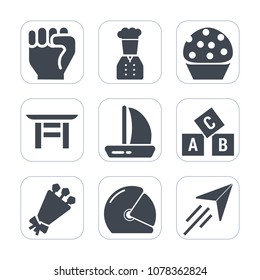 Premium fill icons set on white background . Such as education, biker, ship, business, travel, sign, plane, sweet, motorcycle, motorbike, flower, cake, computer, torii, japan, helmet, alphabet, food