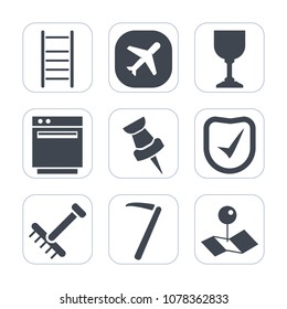 Premium fill icons set on white background . Such as garden, flight, burner, plane, stove, beverage, equipment, autumn, drink, kitchen, pointer, map, gardening, check, bar, heat, spanner, rake, ladder