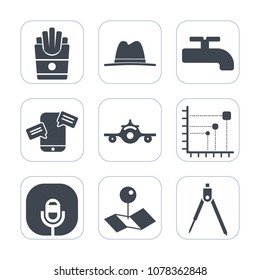 Premium fill icons set on white background . Such as object, business, tool, pointer, departure, crane, construction, fast, map, potato, meal, hat, water, snack, pin, food, chat, french, location, eat