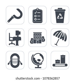 Premium fill icons set on white background . Such as business, globe, estate, trash, world, sign, document, house, desk, weather, sickle, farming, checklist, field, table, umbrella, bin, recycling