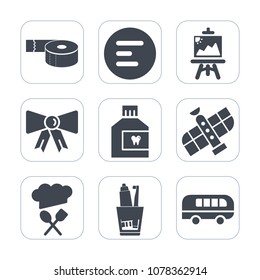 Premium fill icons set on white background . Such as app, bow, chief, tape, element, transport, artist, speed, toothpaste, care, background, restaurant, drawing, dental, sticky, space, toothbrush, bus