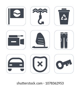 Premium fill icons set on white background . Such as lens, vehicle, landmark, japan, garbage, recycle, sakura, surf, video, ocean, television, wind, japanese, camera, security, fishing, ecology, key
