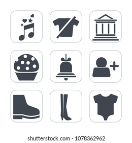 Premium fill icons set on white background . Such as ring, bakery, alarm, treble, call, music, dessert, fashion, footwear, sweet, finance, cookie, cake, shirt, food, baby, business, sound, bank, child