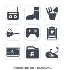 Premium fill icons set on white background . Such as fitness, dental, sound, object, clinic, style, dentist, dentistry, plastic, pulse, game, broadcast, technology, concert, sand, equipment, bicycle