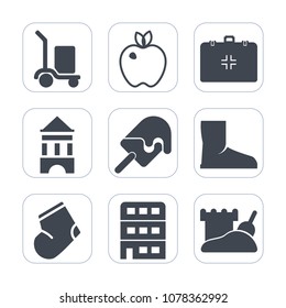 Premium fill icons set on white background . Such as strawberry, nature, socks, summer, technology, aid, package, architecture, medical, dessert, ripe, cargo, medicine, vegetarian, sign, organic, food