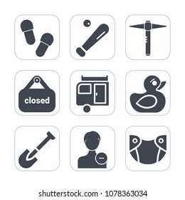 Premium fill icons set on white background . Such as sign, travel, avatar, business, profile, equipment, rubber, account, ball, team, shovel, baseball, infant, construction, banner, newborn, care, toy