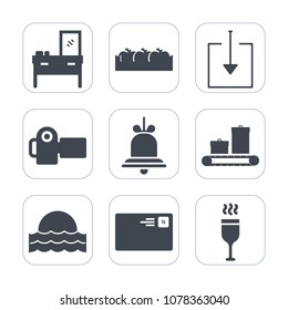 Premium fill icons set on white background . Such as sunset, mail, box, photographer, camera, alert, cabinet, room, storage, fruit, light, sunrise, wine, photo, photography, download, kitchen, healthy