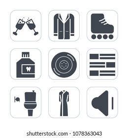 Premium fill icons set on white background . Such as internet, tire, alcohol, fun, skating, car, sound, newspaper, up, style, glass, red, audio, clothing, skate, bar, liquid, volume, leisure, woman