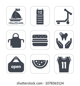 Premium fill icons set on white background . Such as surfing, transport, uniform, reminder, speed, business, graphic, board, dentist, food, health, pinafore, protective, burger, cook, watermelon, shop