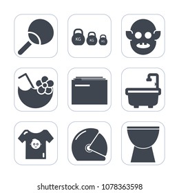 Premium fill icons set on white background . Such as sign, game, cocktail, racket, business, clothing, helmet, biker, fitness, paper, space, kid, ufo, drink, percussion, toilet, weight, baby, musical