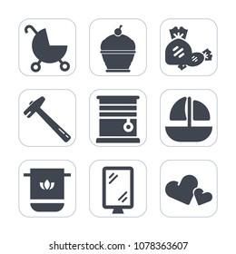 Premium fill icons set on white background . Such as boat, hammer, love, heart, spanner, kid, window, romance, valentine, candy, vessel, wrench, banner, buggy, background, sign, ship, carriage, bakery