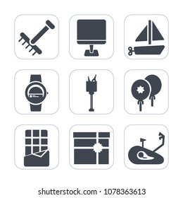 Premium fill icons set on white background . Such as autumn, fitness, alcohol, celebration, rake, sea, smart, internet, sweet, bucket, wine, pc, outdoor, birthday, toy, laptop, watch, time, bike, gift