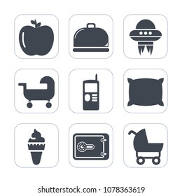 Premium fill icons set on white background . Such as safe, spacecraft, fresh, science, bed, fruit, organic, telephone, phone, finance, soft, carriage, vegetarian, baby, home, nature, stroller, mobile