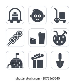 Premium fill icons set on white background . Such as suitcase, present, house, celebration, barbecue, snow, baby, tourism, child, grilled, cargo, sad, cup, warehouse, kebab, glass, baggage, meat, cafe