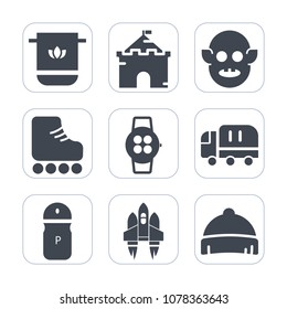 Premium fill icons set on white background . Such as pepper, technology, salt, fun, textile, towel, building, transport, food, cargo, craft, headwear, tower, fiction, cloth, watch, fashion, seasoning