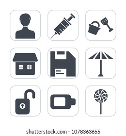 Premium fill icons set on white background . Such as protection, tool, food, web, home, graphic, work, residential, umbrella, silhouette, lollipop, printer, real, candy, energy, medical, clinic, user