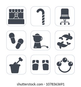 Premium fill icons set on white background . Such as play, sand, beach, footwear, toy, market, child, dessert, fish, food, slipper, teapot, interior, colorful, customer, sweet, striped, style, rattle