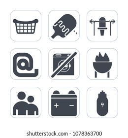 Premium fill icons set on white background . Such as meat, sign, full, store, fitness, wash, white, exercise, email, dessert, message, mail, internet, communication, sport, dumbbell, container, grill