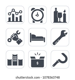 Premium fill icons set on white background . Such as profit, box, home, harvest, up, equipment, pack, spanner, package, time, trendline, sickle, drink, alcohol, finance, foreman, watch, hour, chart
