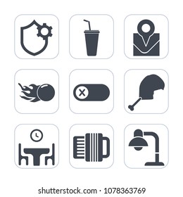 Premium fill icons set on white background . Such as deactivate, space, turn, electric, food, music, switch, meat, star, glass, electricity, accordion, sign, meteor, off, cold, energy, computer, table