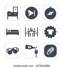 Premium fill icons set on white background . Such as alcohol, furniture, modern, beer, paperclip, player, kitchen, clothing, button, coffee, bar, red, media, clip, room, pub, hotel, south, web, video