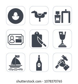 Premium fill icons set on white background . Such as construction, wind, play, id, head, cutlery, first, foreman, social, profile, cute, business, board, fun, identity, builder, user, kid, place, scan