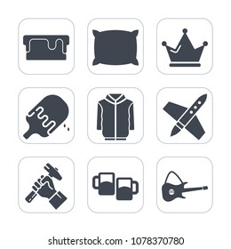 Premium fill icons set on white background . Such as pastry, builder, rocket, bar, comfortable, ice, jacket, craft, pub, music, soft, spaceship, king, helmet, sleep, alcohol, space, dessert, luxury