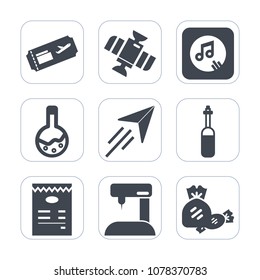 Premium fill icons set on white background . Such as sew, sound, laboratory, lab, graphic, aviation, fly, music, paper, food, tool, tourism, international, machine, travel, space, airplane, orbit, air