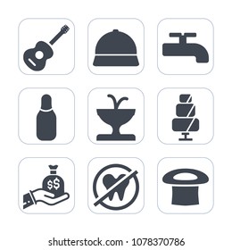 Premium fill icons set on white background . Such as bowling, sculpture, finance, health, construction, musical, fountain, graphic, sweet, cone, cap, leisure, food, cake, sound, dental, water, ball