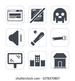 Premium fill icons set on white background . Such as creature, street, clean, internet, sound, shop, league, ufo, monster, science, equipment, wash, banner, up, alien, sport, lamp, volume, hotel, home