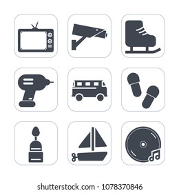 Premium fill icons set on white background . Such as cold, cake, fun, digital, food, music, security, footwear, ice, bus, ship, media, skate, camera, sign, road, boat, industry, drill, sound, video