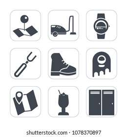 Premium fill icons set on white background . Such as technology, bar, map, equipment, ufo, door, marker, alcohol, smart, kitchen, monster, domestic, alien, watch, vacuum, restaurant, location, home