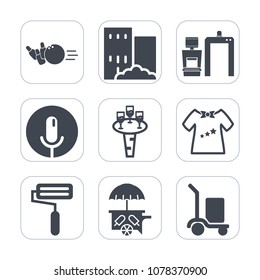 Premium fill icons set on white background . Such as cargo, home, roller, glass, sound, machine, leisure, delivery, architecture, game, child, food, paint, competition, alcohol, cream, business, scan