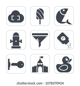 Premium fill icons set on white background . Such as seafood, building, conditioner, sign, security, medieval, clean, fire, castle, sea, play, cloud, baby, technology, key, filter, summer, department