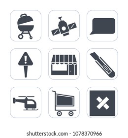 Premium fill icons set on white background . Such as science, spaceship, cart, customer, talk, grocery, space, helicopter, store, mark, meat, closed, satellite, trolley, commerce, supermarket, danger