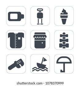 Premium fill icons set on white background . Such as science, umbrella, fashion, robotic, glass, sailboat, jar, machine, power, sweet, sail, equipment, nautical, electricity, full, ice, summer, rain