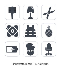 Premium fill icons set on white background . Such as light, gardening, jacket, full, astronomy, pruning, energy, interior, home, office, female, cosmos, power, comb, lamp, safety, star, style, fruit
