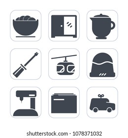 Premium fill icons set on white background . Such as meal, train, information, white, transportation, interior, food, equipment, plate, childhood, toy, dishware, child, construction, hot, cooking, sew