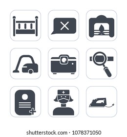 Premium fill icons set on white background . Such as furniture, cleaner, warm, christmas, bed, nurse, fire, domestic, identity, holiday, vacuum, web, sign, household, carpet, work, home, closed, chat