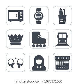 Premium fill icons set on white background . Such as luxury, oven, queen, sport, toothpaste, technology, toothbrush, touch, woman, device, calendar, game, face, skate, dental, smart, mixer, royal, day