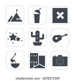 Premium fill icons set on white background . Such as drink, hot, spoon, dark, photography, desert, estate, cactus, cup, summer, camera, blue, sign, business, plant, mountain, food, green, element, sky