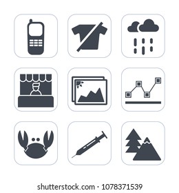 Premium fill icons set on white background . Such as weather, data, fashion, light, graph, business, tree, clothing, shirt, seafood, needle, office, digital, clothes, photo, technology, market, food